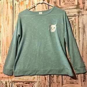 Teal Long Sleeve Top with Cat Design